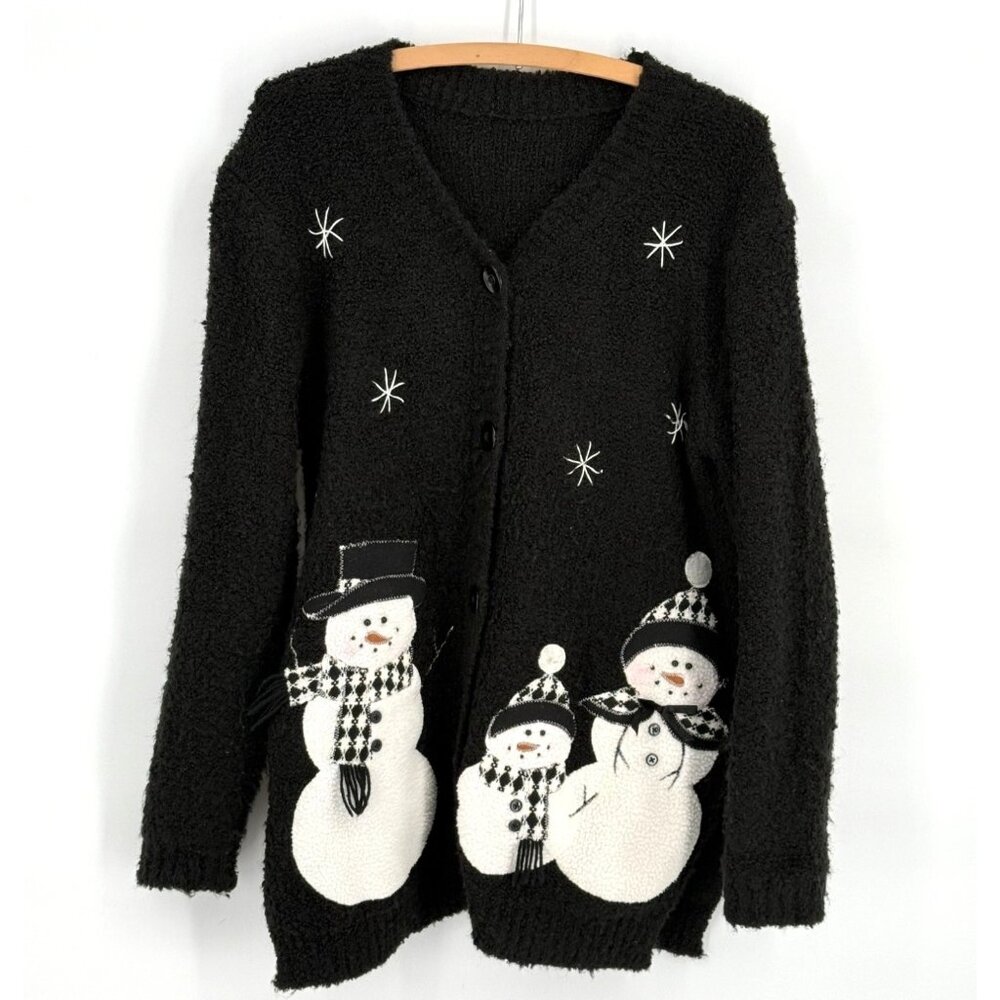 Vintage Black Snowman Cardigan Sweater Button-Up Large 40% Cotton‎ 60% Polyester